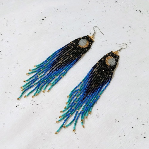 Boho earrings with beads new, large long with moon and sun design