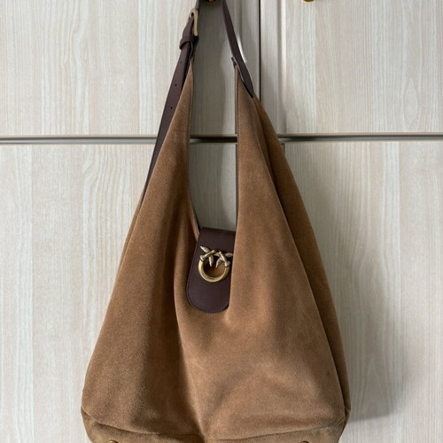 Pinko leather shoulder bag used, brown and gold, large size with NFC