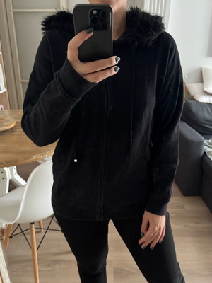 Long jacket with fur hood used, black, size S
