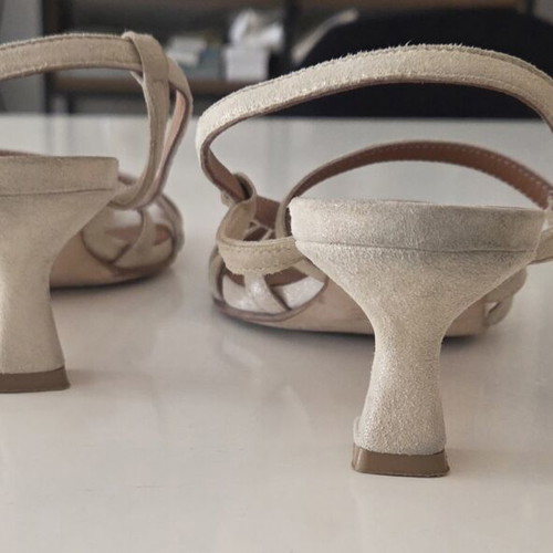 Emilio Sarto Strappy Square Toe Heel Sandals used, champagne metallic