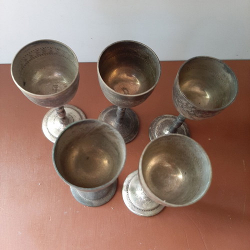 Old engraved liqueur glasses, set of 5, patina