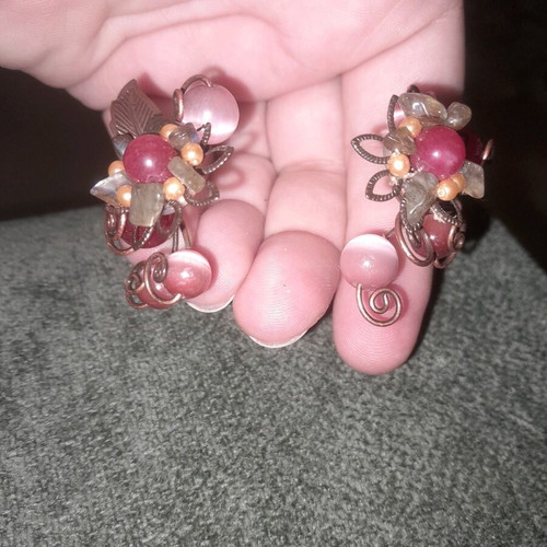 Copper bracelet and ring set like new with pink and green stones
