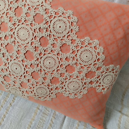 Woven pillow with handmade knitted details like new, cotton