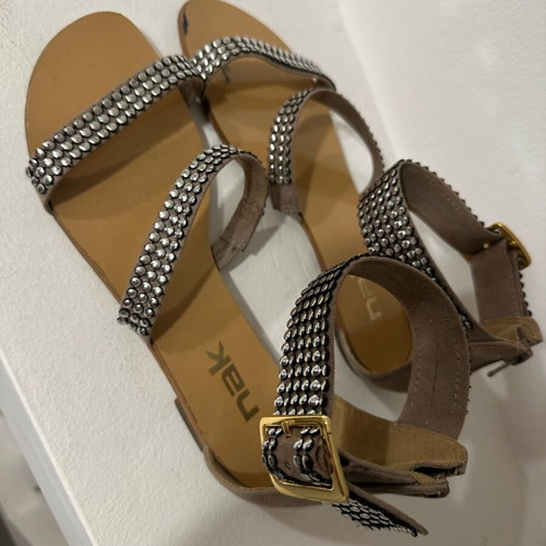 Nak women's sandal used, beige with silver studs, size 37