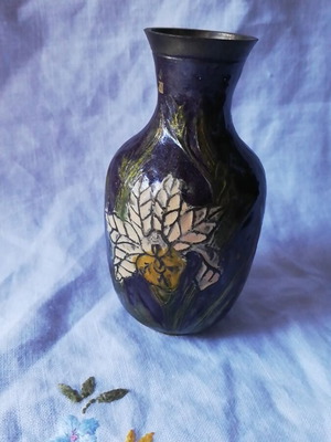 Brass vase with enamel used, dark blue with embossed flowers
