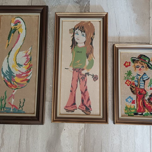 Vintage handmade embroidery set of 3 with wooden frames
