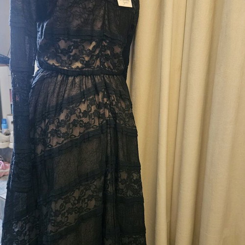 Shine Midi Black Dress with Tulle Lace and Inner Lining, New, Size M