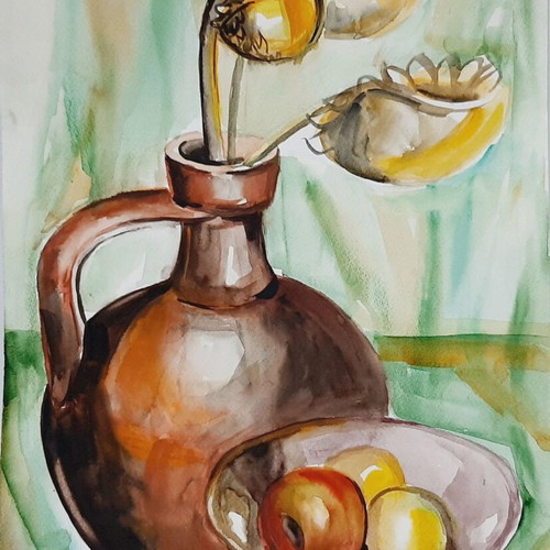Vintage watercolor still life with sunflowers and fruits, 50.5×35 cm