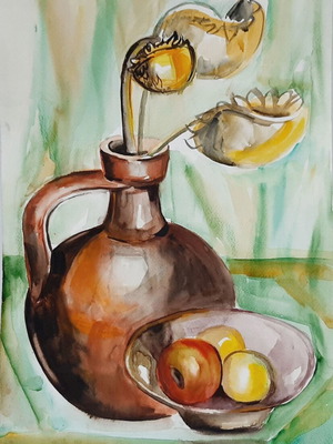 Vintage watercolor still life with sunflowers and fruits, 50.5×35 cm