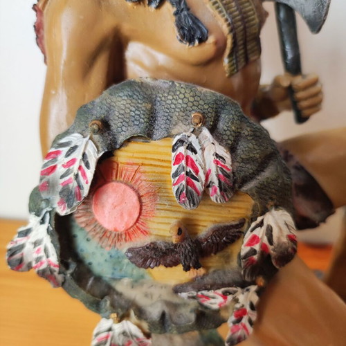 Vintage Native American warrior statue used, kneeling with spear and tomahawk