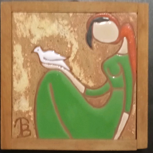 Ceramic tile used with girl and dove motif 9.5x9.5