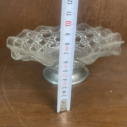 English pressed glass fondue dish with silver plate base