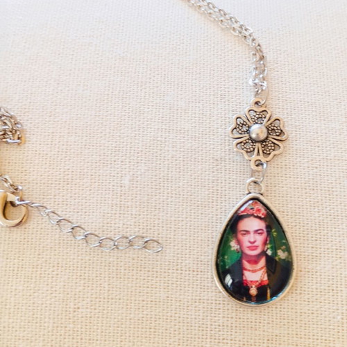 Frida Kahlo statement silver tone necklace with tear-shaped pendant