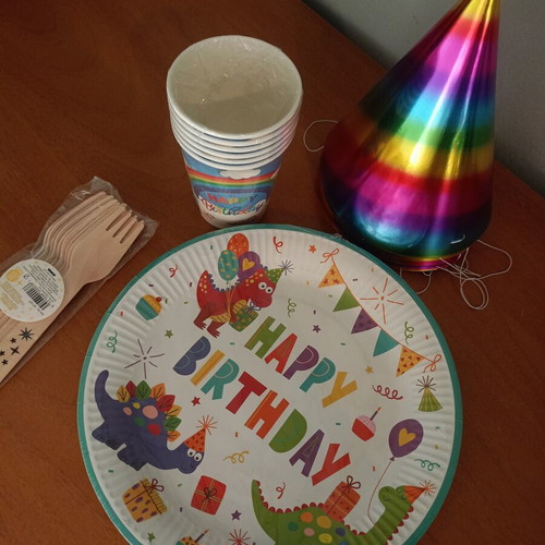 Kids party set new with cups, hats, plates and wooden forks