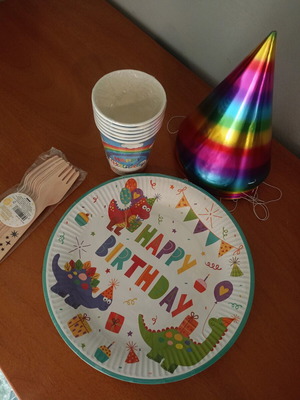 Kids party set new with cups, hats, plates and wooden forks