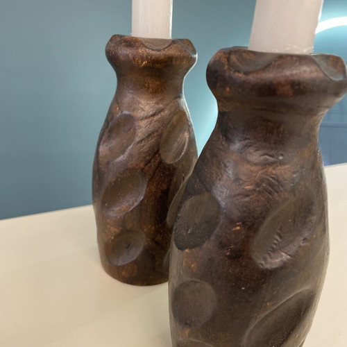 Handmade wooden candlesticks set of 2, like new, dark wood