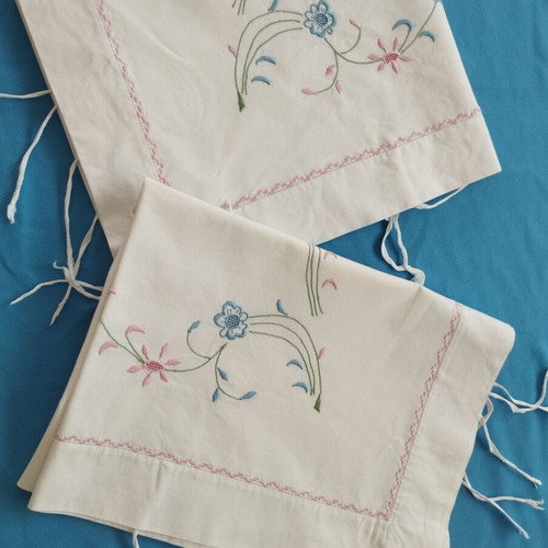 Handmade XL pillowcases pair 1m with floral embroidery and cross-stitch