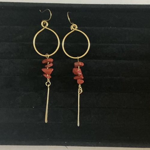 Handmade jewelry set with red jasper chips, brass earrings and ring