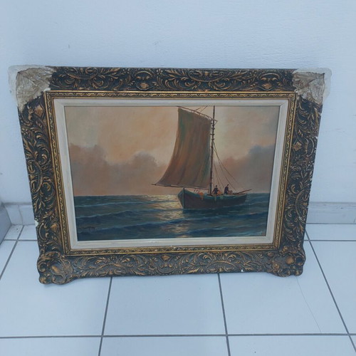 Seascape oil painting on canvas with wooden frame used