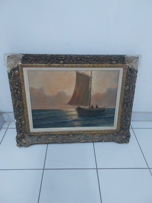 Seascape oil painting on canvas with wooden frame used