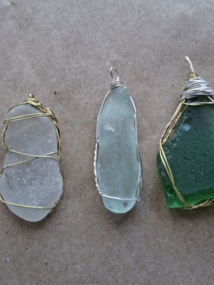 Set of 3 Handmade Sea Glass Pendants with Brass and Silver-Plated Wire