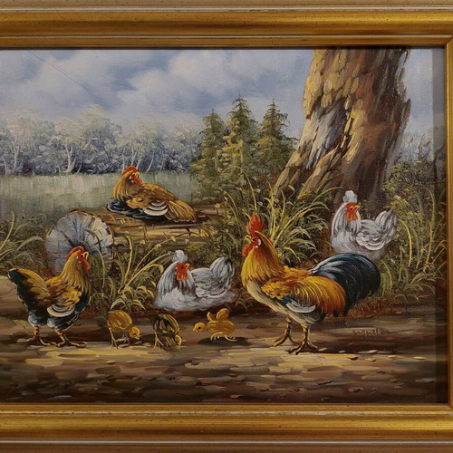 Vintage πίνακας ζωγραφικής υπογεγραμμένος, σαν καινούργιος, σκηνή με κόκορα και κότες