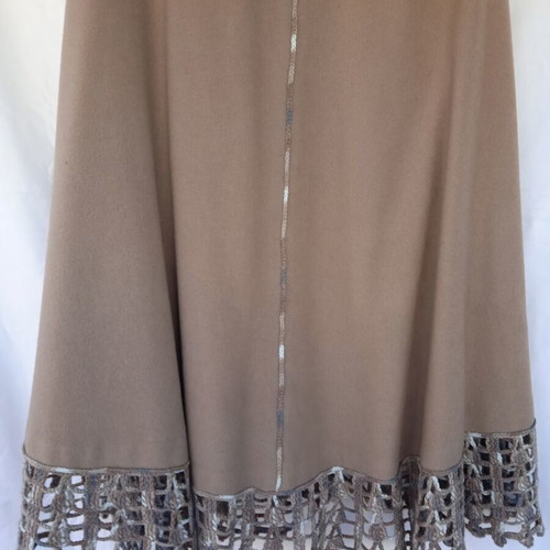 Cape with hood and handmade knitted trim like new, beige