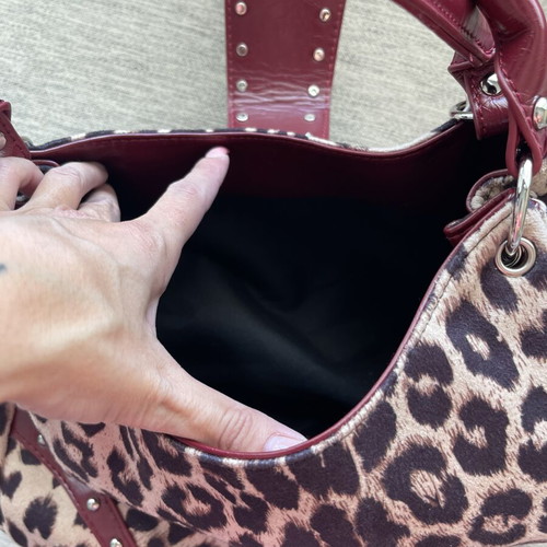 Leopard Print Shoulder Bag like new with Rhinestone Cross and Burgundy Trim