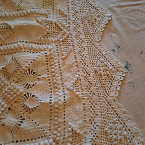 Handmade double bed blanket with two pillowcases, white crochet