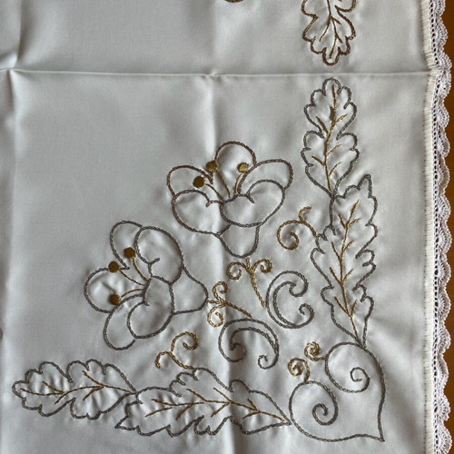 Handmade tablecloth with crochet lace used