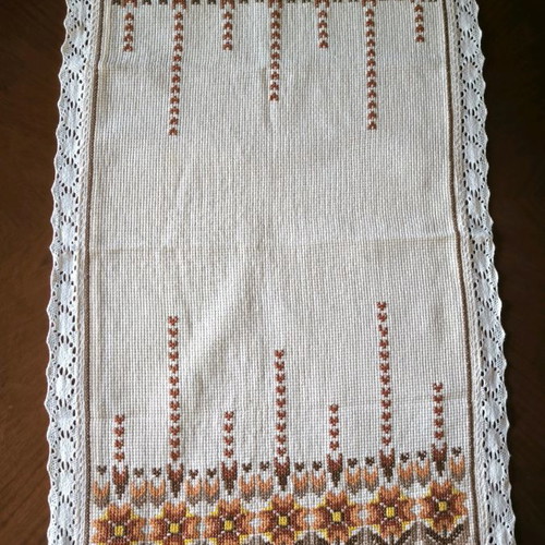 Handmade embroidered table runner with Cretan stitch and lace