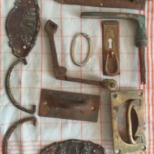 Old hardware items used, set of decorative handles and locks