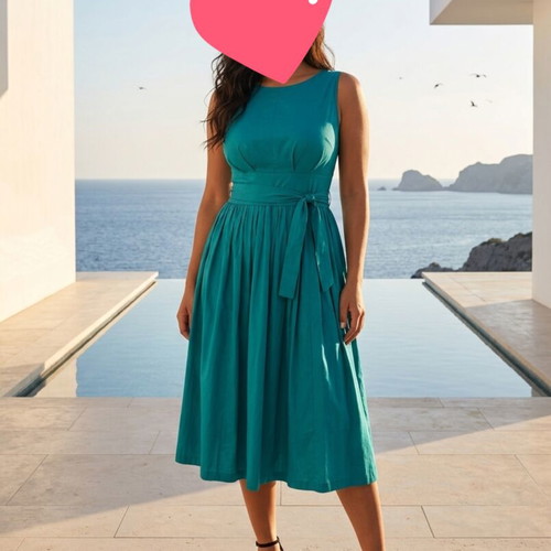 Retro style elegant midi dress 100% cotton like new, size S, blue and green