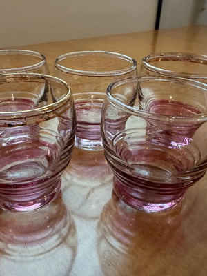 Vintage liqueur glasses set of 5 with pink base used