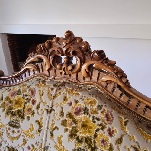 Classic handmade corner sofa like new with wood carving and gobelin fabric