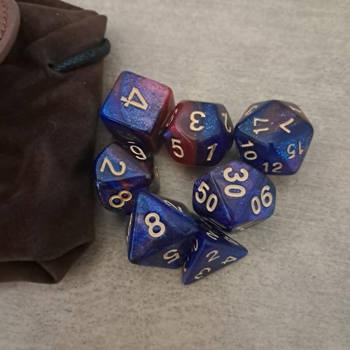 Runic leather dice bag with pink and purple D&D dice set