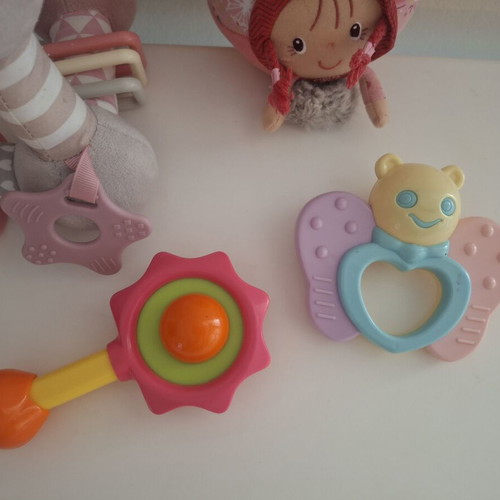 Baby toys for girls like new, set with rattle, teether, soft ball