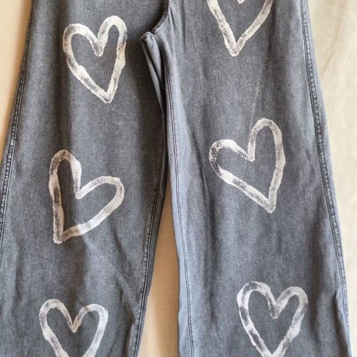 H&M Kids Grey Jeggings Pants with White Heart Prints, Wide Leg, Age 10-11, 146cm