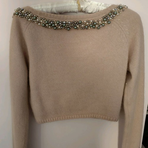 Mohair short cardigan with pearl embroidery, pink-beige, size S