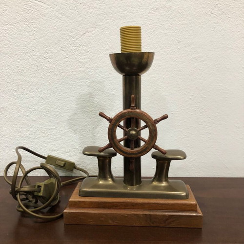 Table lamp new, wood with brass and nautical decorative helm