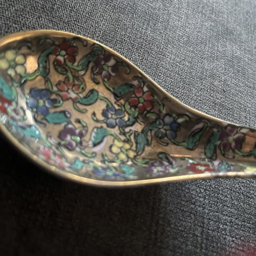 Vintage Chinese Cloisonné Soup Spoon used, floral enamel
