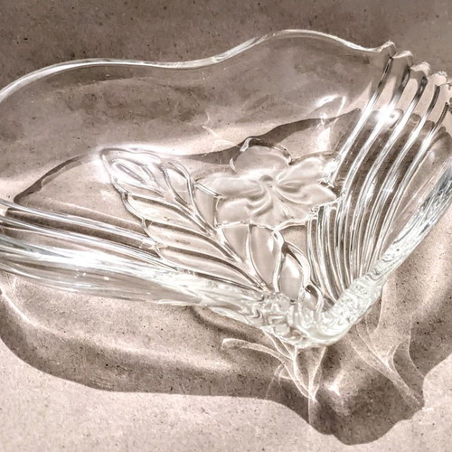 Crystal platter heart-shaped like new with embossed designs