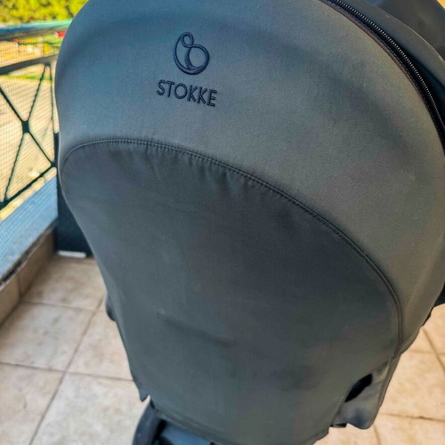 Stokke Xplory X Rich Black stroller used with gift bag set, changing mat, pouch