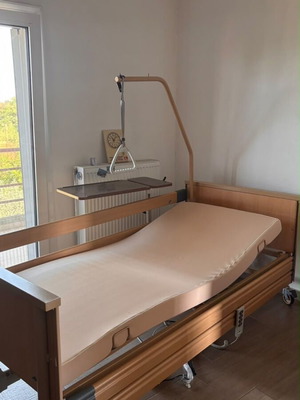 Hospital bed with electric back and leg lift, traction hanger