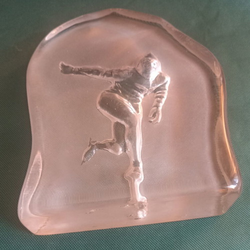 Bergdala Glasbruk Vintage Crystal Paperweight Ice Speed Skater
