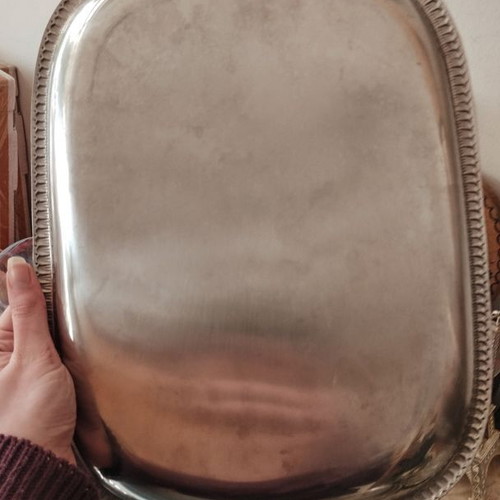 Vintage silver-plated tray with raised detailed border like new