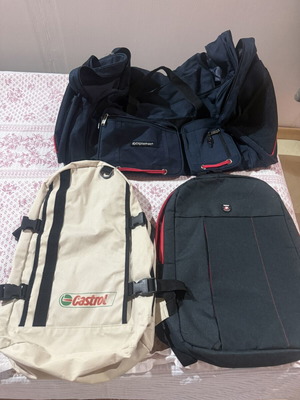 Set of 3 bags used, 1 50L duffel and 2 backpacks