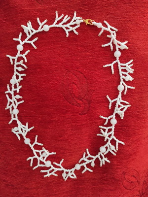 Handmade knitted necklace with beads, new, white