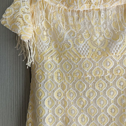 Cubic strapless cocktail dress with fringes like new, white and yellow