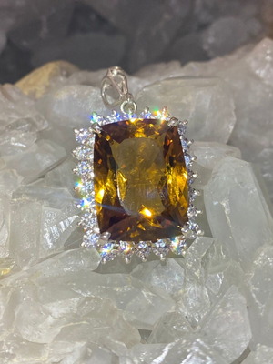 Silver pendant with large cut citrine stone and moissanites, new